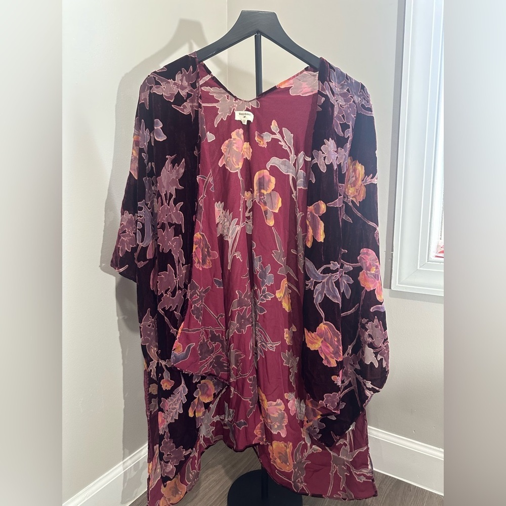 Cost Plus World Market Boho Burgundy Floral Kimono Cardigan